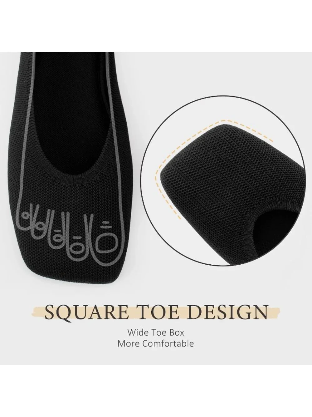 AprCoco Women's Black Knit Breathable Square Toe Flats Comfort Slip On Shoes